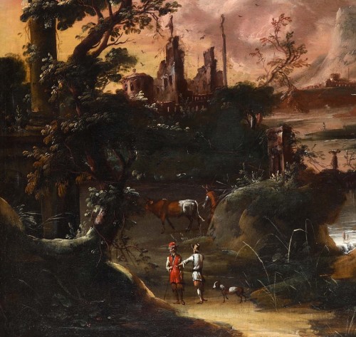 XVIIIe siècle - Paysage fantastique au coucher du soleil - École Vénitienne du 18e siècle